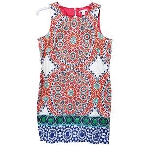 London Style Collection Red/Orange Geometric Cotton Sleeveless Shift Dress 12